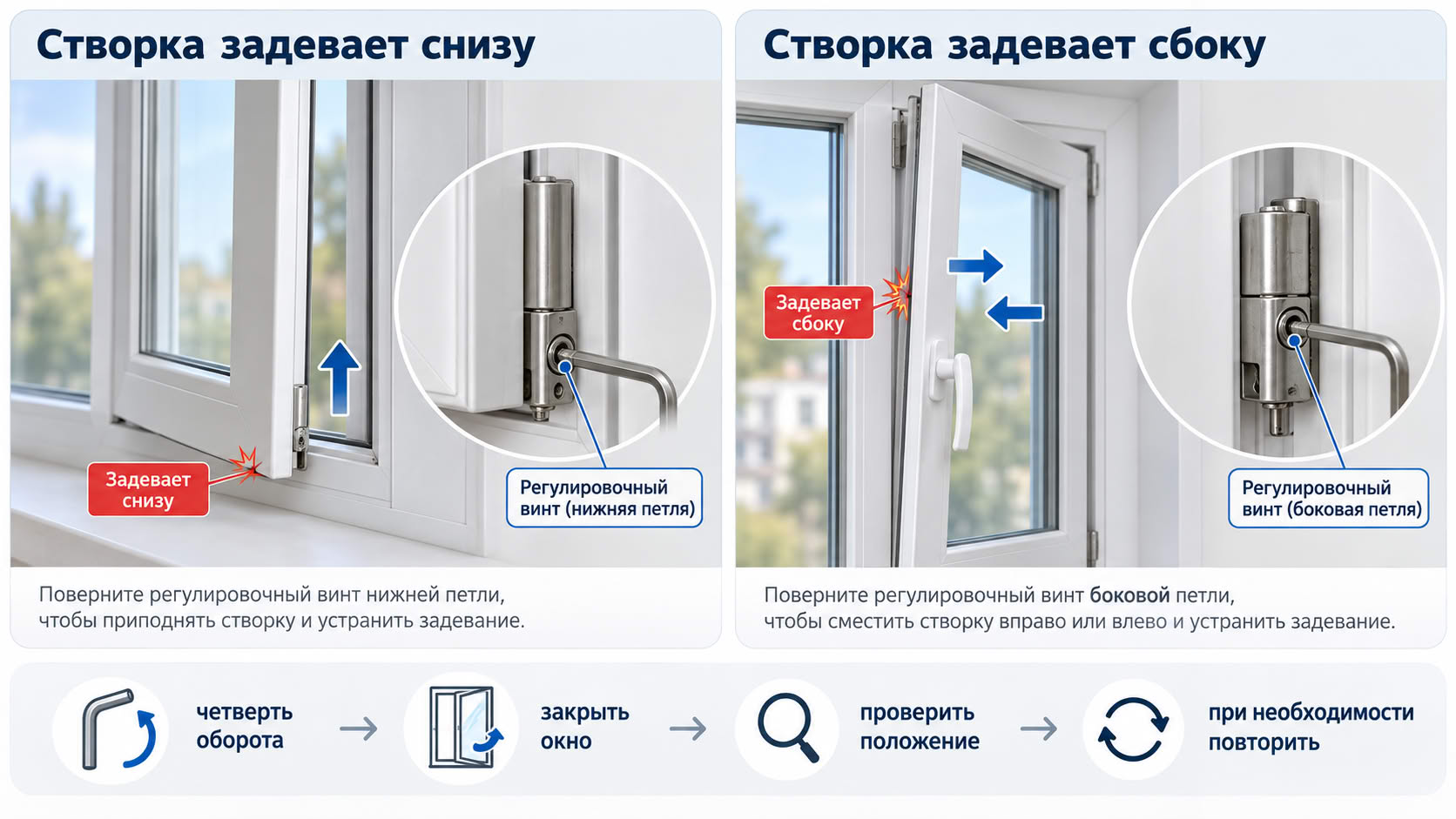 Как устранить провисание створки